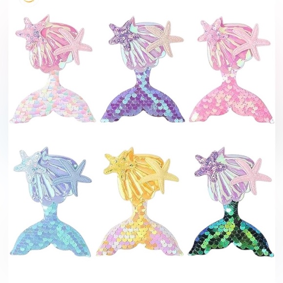Mermaid Hair Accessories set of 6 Clip On Sequin Mermaid Tail Clips - Picture 3 of 16